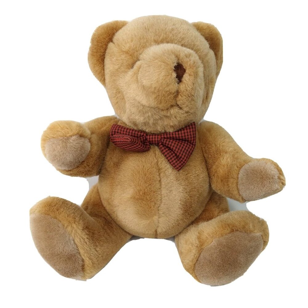 Vintage Walmart Brown Jointed Teddy Bear Plush Stuffed Animal Toy Red Plaid Bow